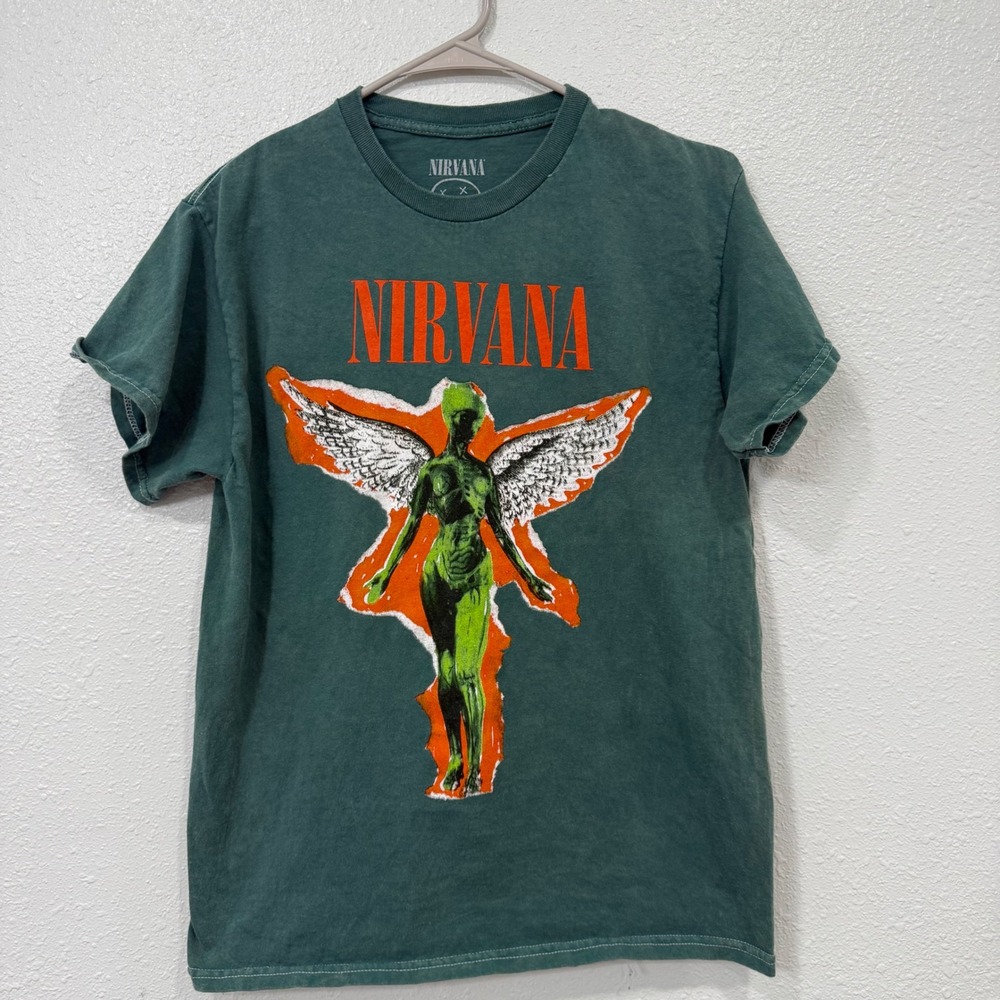 Nirvana In Utero Graphic T-Shirt Green Short Sleeve Cotton Rock Band Size M